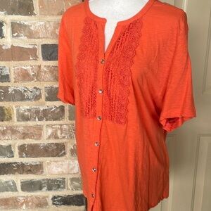Plus Size 3X Onque Crochet Appliqué Y-Neck Rhinestone Button Orange Cotton Tunic
